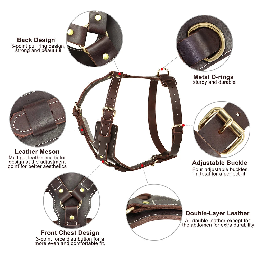 Genuine leather Dog Harness Super Strong Big Large Dogs Harness Vest Real Leather Harness for Medium Large Dogs Pitbull Bulldog